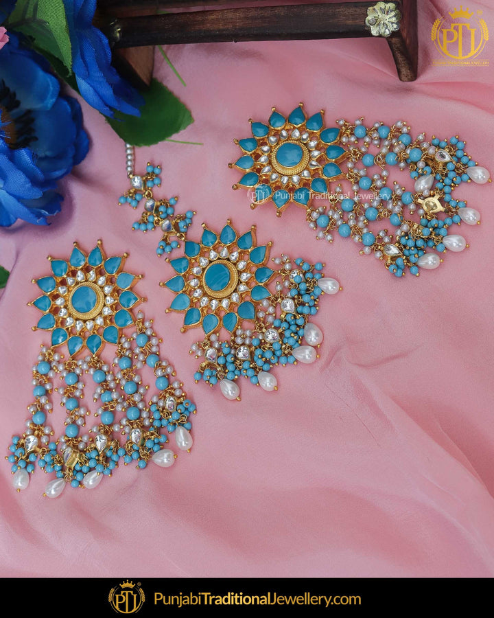 Gold Finished Pearl Firoza Stone Kundan Earring Tikka Set | Punjabi Traditional Jewellery Exclusive