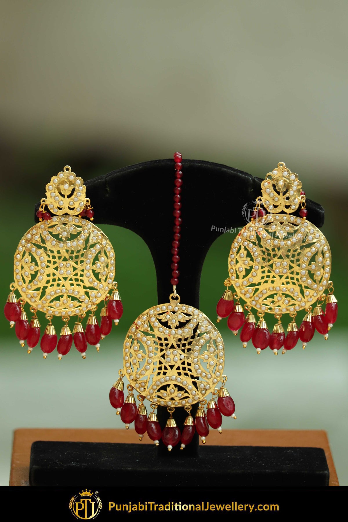 Gold Finished Red Jadau Pearl Earring Tikka Set | Punjabi Traditional Jewellery Exclusive