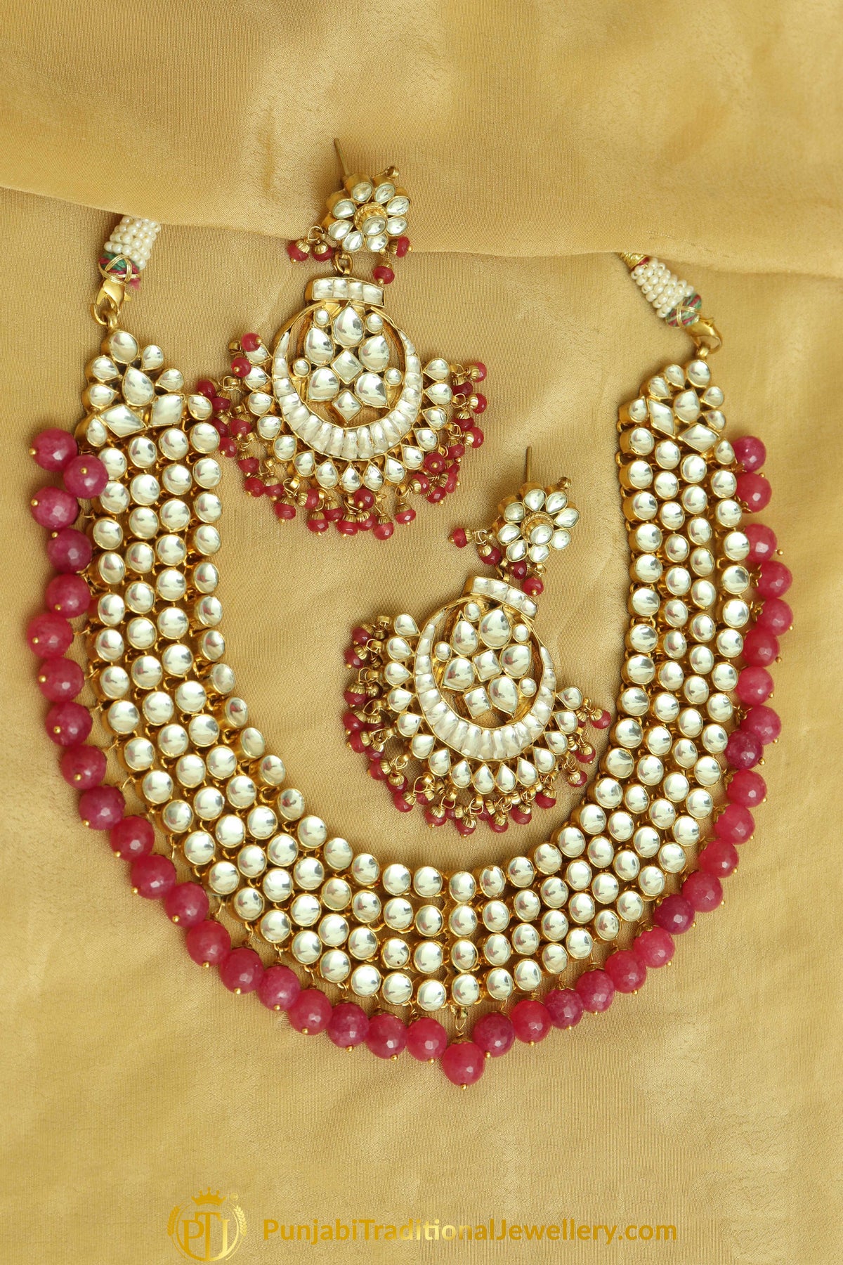 .Fahima Hot Pink Kundan Pearl Necklace Set | Punjabi Traditional Jewellery Exclusive