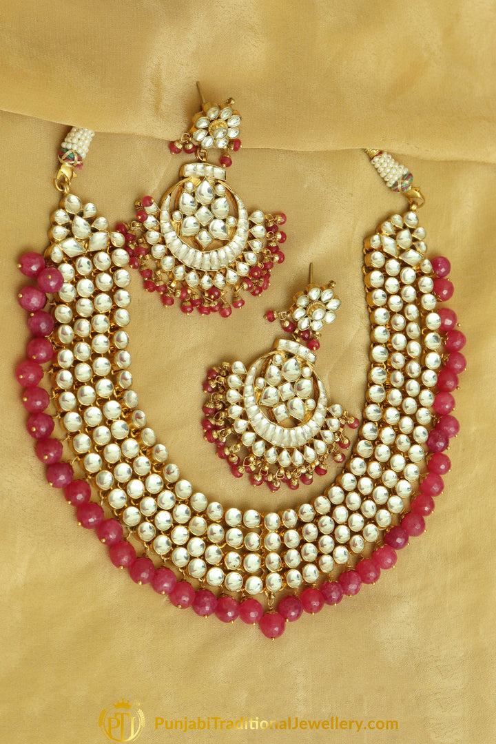 .Fahima Hot Pink Kundan Pearl Necklace Set | Punjabi Traditional Jewellery Exclusive