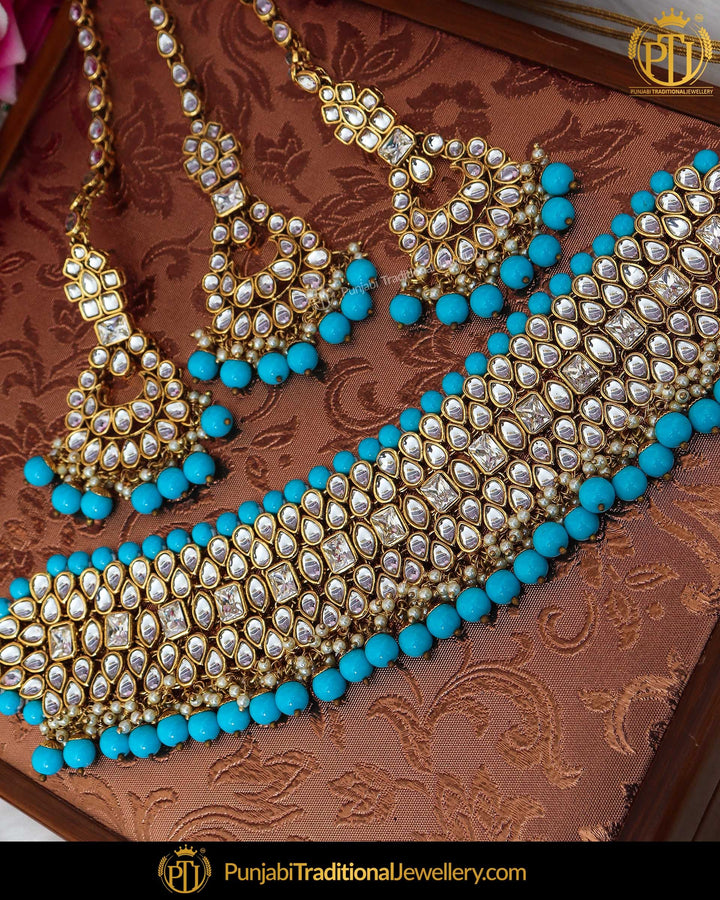Gold Finished Firozi Kundan Pearl Choker Necklace & Sahare Earrings | Punjabi Traditional Jewellery Exclusive