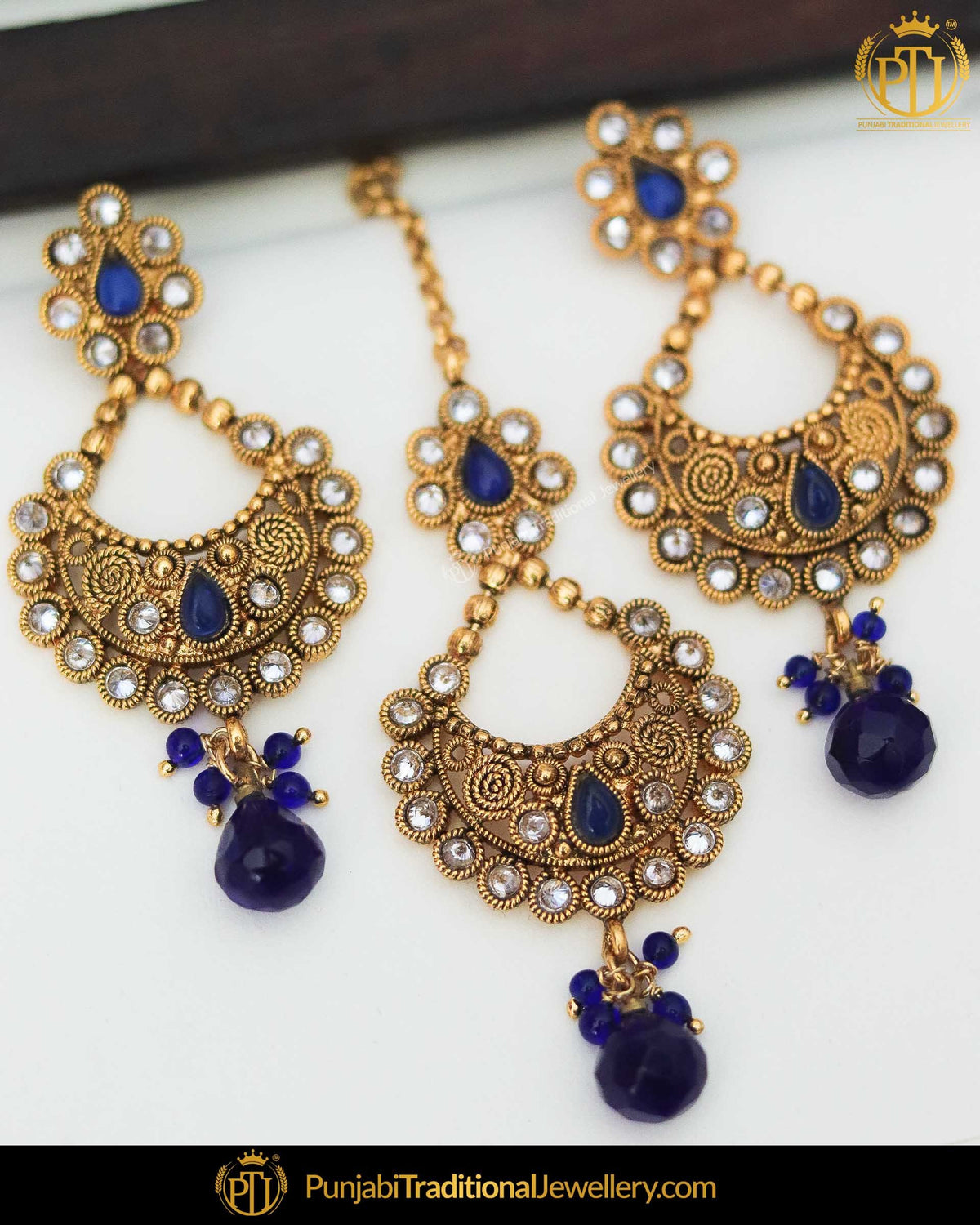 Antique Gold Finished Blue Pearl Earring Tikka Set | Punjabi Traditional Jewellery Exclusive
