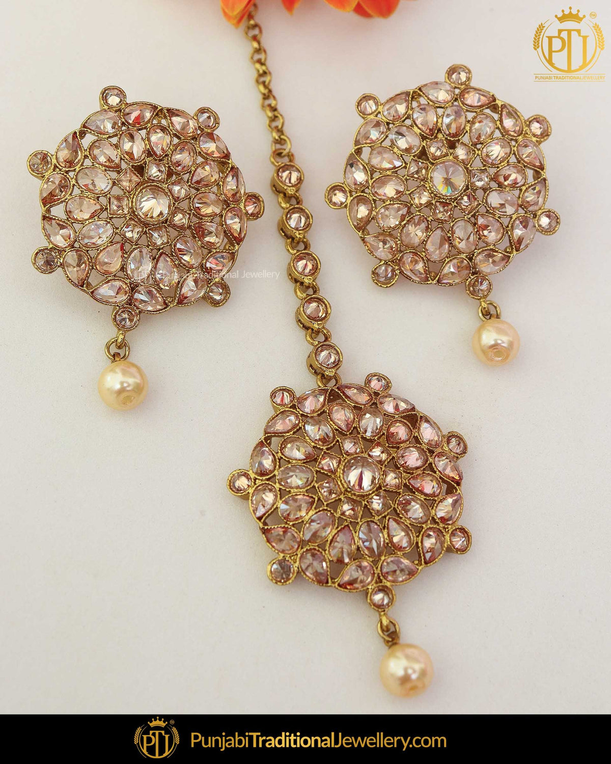 Antique Gold Finished Pearl Champagne Stone Stud Earrings & Tikka | Punjabi Traditional Jewellery Exclusive