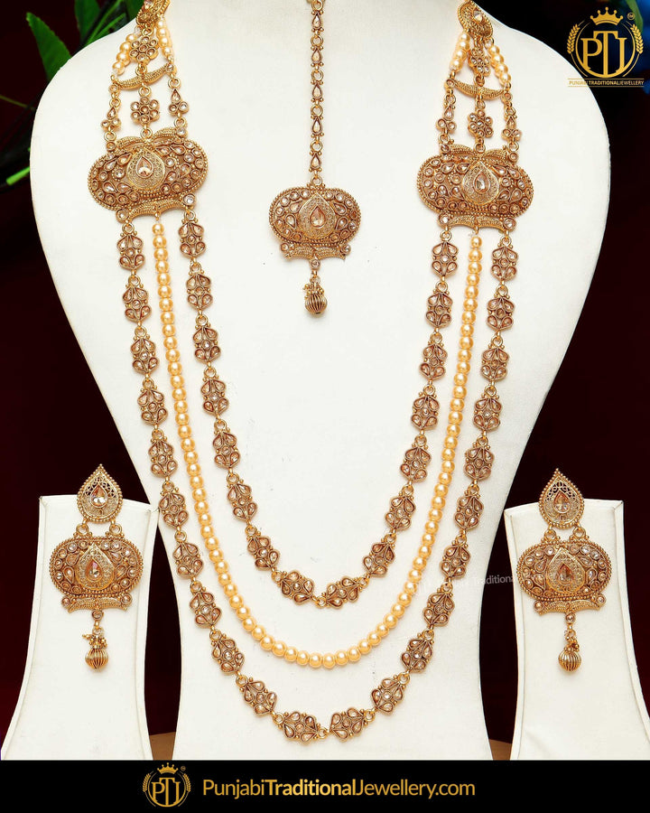 Antique Gold Finished Champagne Stone Pearl Long  Set  | Punjabi Traditional Jewellery Exclusive
