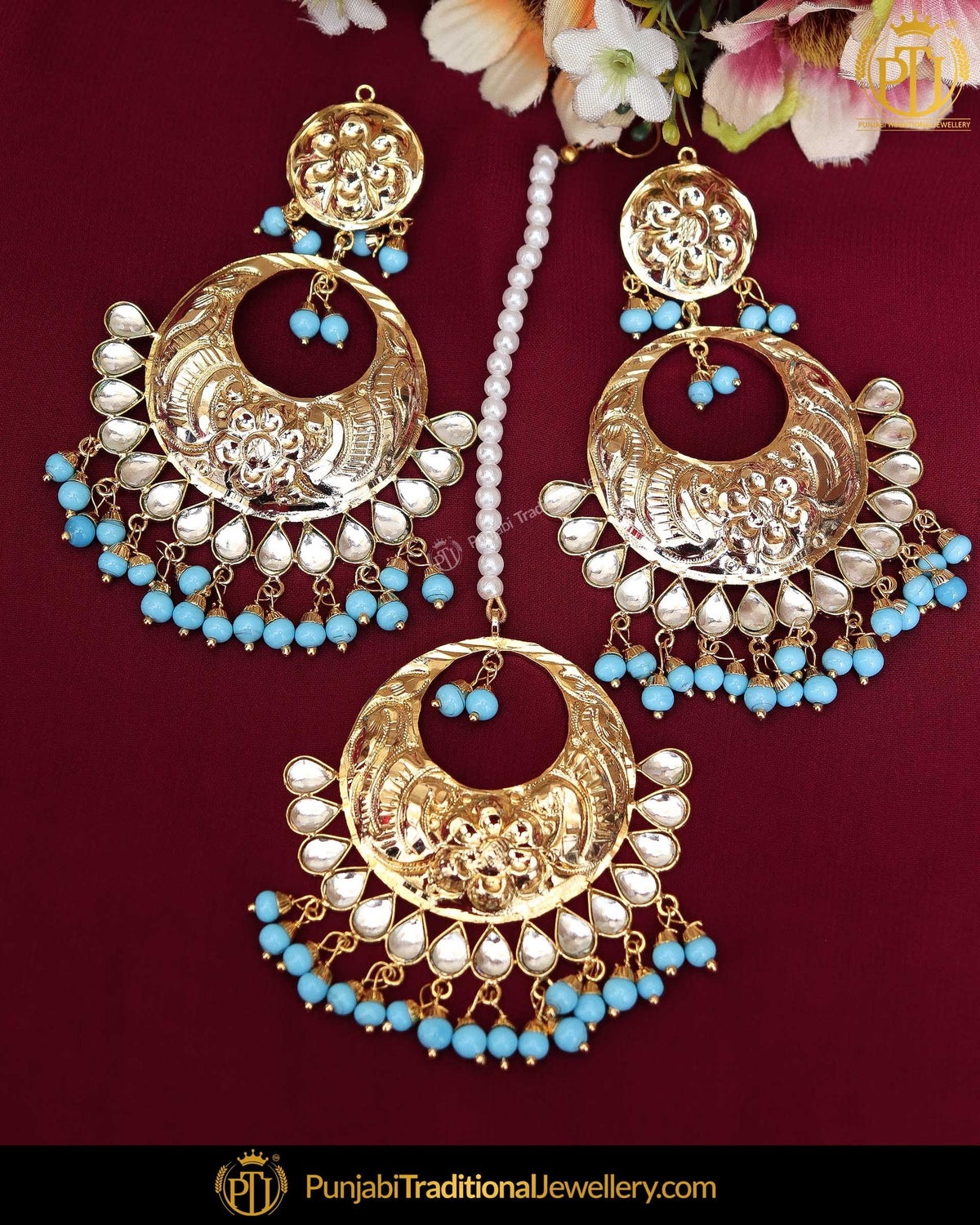 Gold Finished Firozi Kundan Patra Pearl Earring Tikka Set  | Punjabi Traditional Jewellery Exclusive