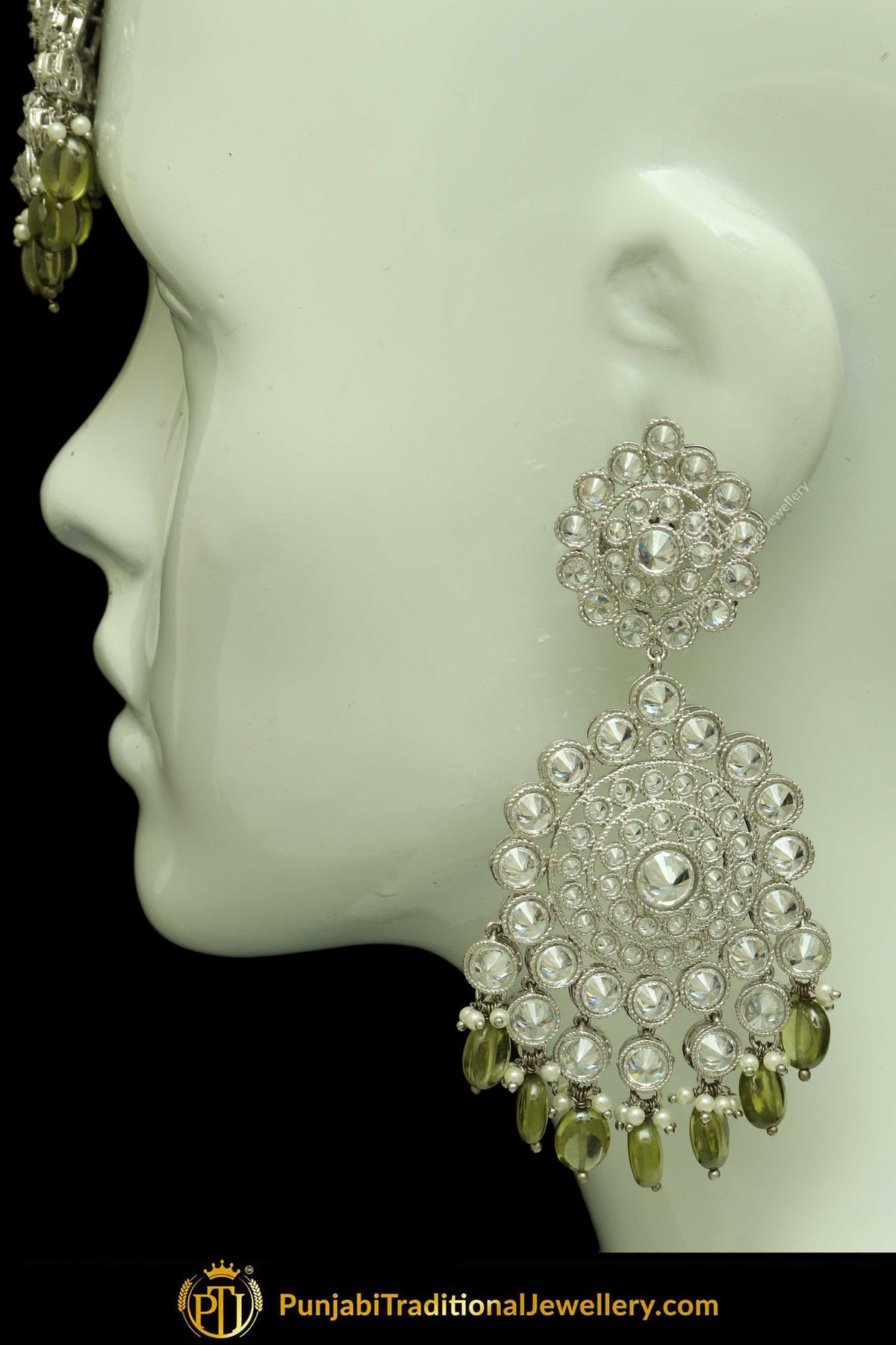 Silver Finished Polki Stone Pista Green Drops Earrings & Tikka Set By Punjabi Traditional Jewellery