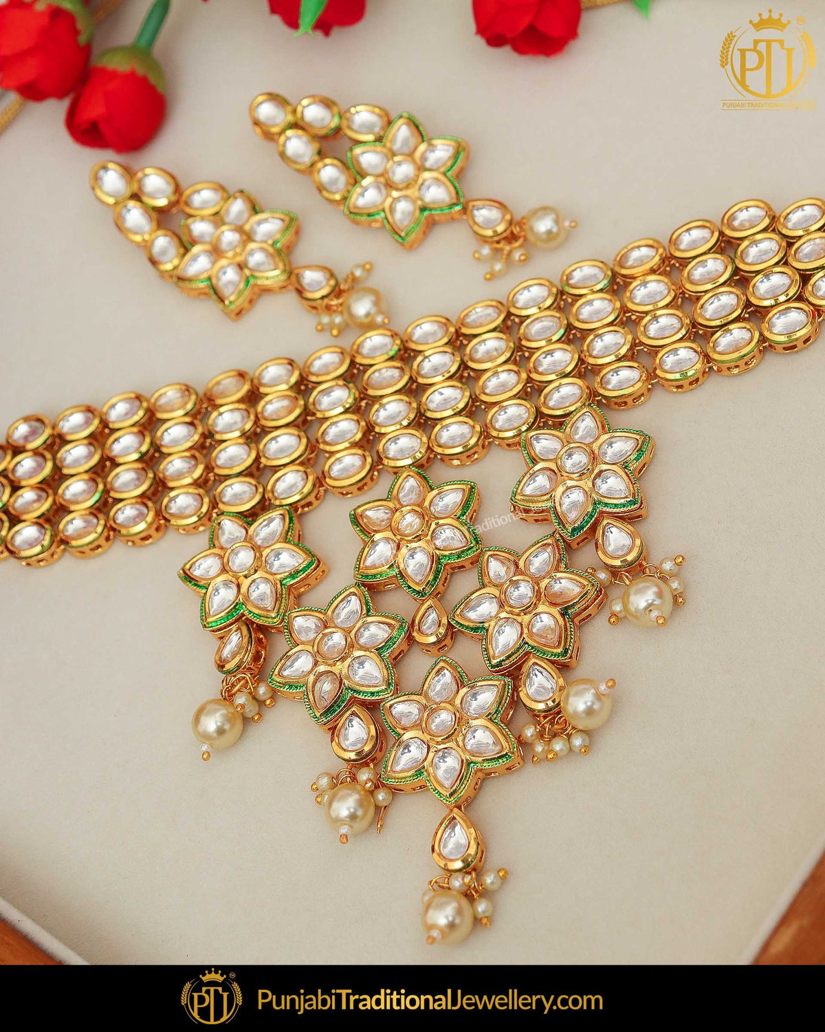 Gold Finished Kundan Pearl Necklace Set | Punjabi Traditional Jewellery Exclusive
