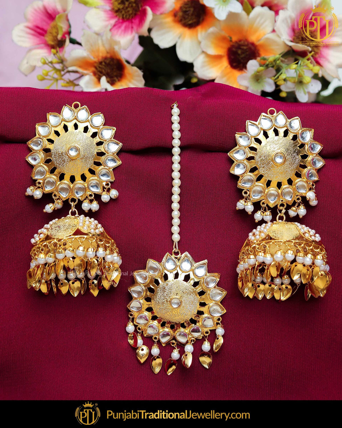 Gold Finished Pippal Patti Kundan Jadau Pearl Jhumki Earring Tikka Set | Punjabi Traditional Jewellery Exclusive