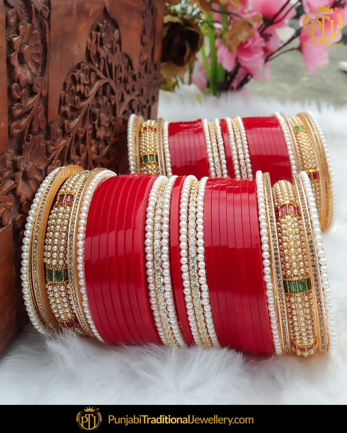 Antique Gold Finished Pearl Karra Bangle Red Bridal Chura | Punjabi Traditional Jewellery Exclusive