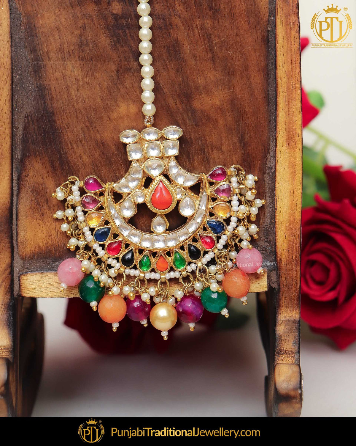 Gold Finished Navratan Kundan Pearl Tikka | Punjabi Traditional Jewellery Exclusive