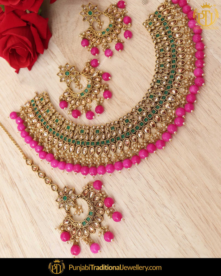 Antique Gold Finished Emerald Pink Chamapgne Stone Necklace Set | Punjabi Traditional Jewellery Exclusive