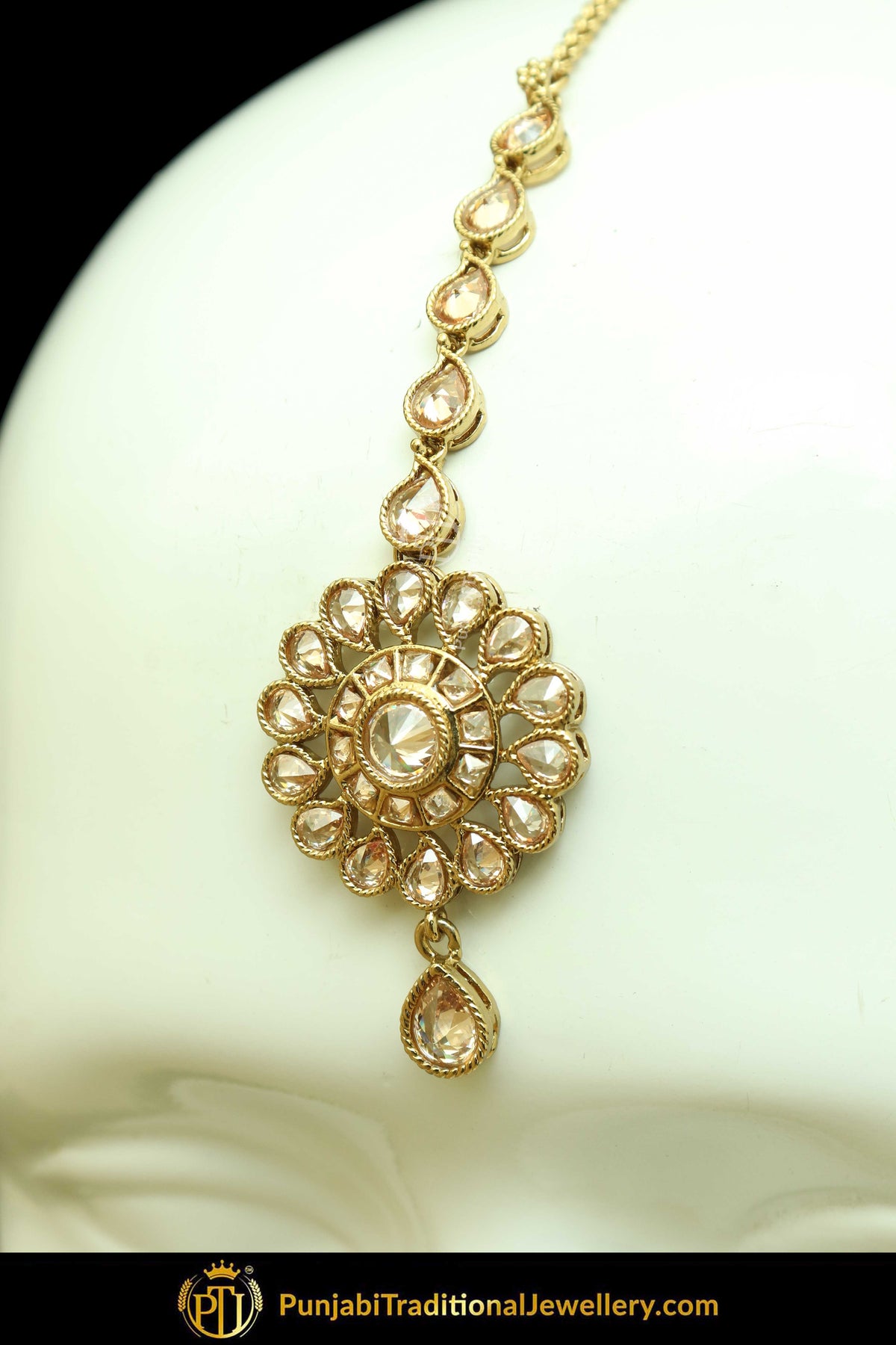 Antique Gold Finised Champagne Stone Earring Tikka Set By Punjabi Traditional Jewellery