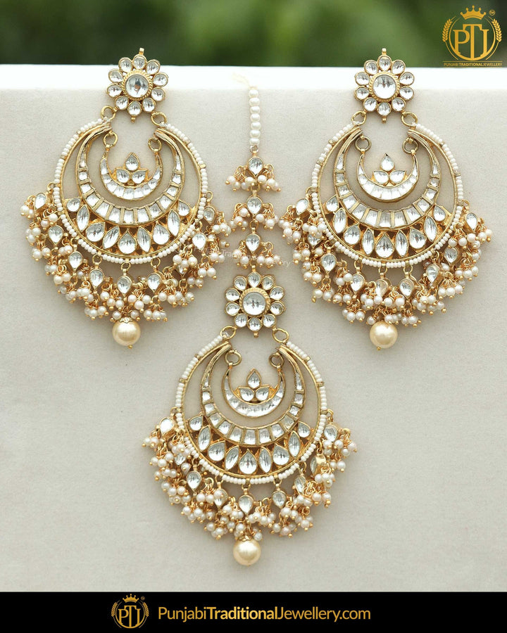 Gold Finished Kundan Pearl Earring Tikka Set | Punjabi Traditional Jewellery Exclusive