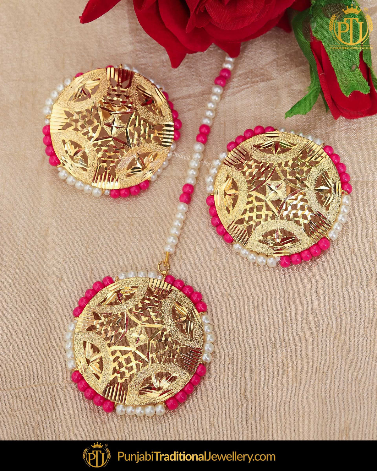 Gold Finished Pink Jadau Stud Pearl Earring Tikka Set | Punjabi Traditional Jewellery Exclusive