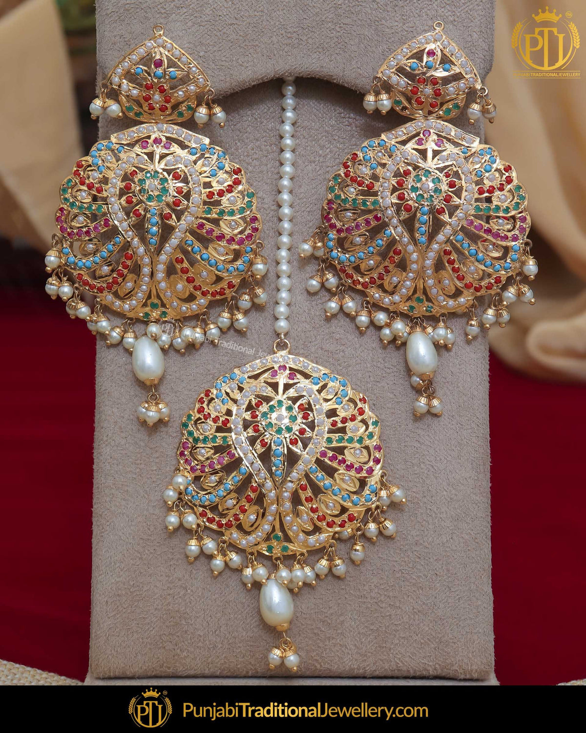 Gold Finished Jadau Multi Earring Tikka Set | Punjabi Traditional Jewellery Exclusive