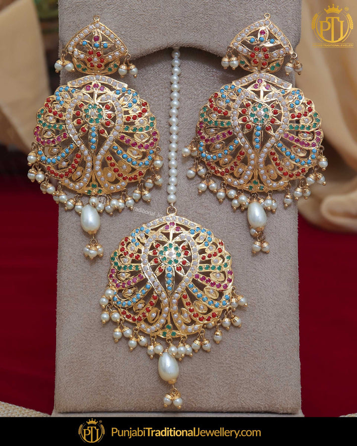 Gold Finished Jadau Multi Earring Tikka Set | Punjabi Traditional Jewellery Exclusive