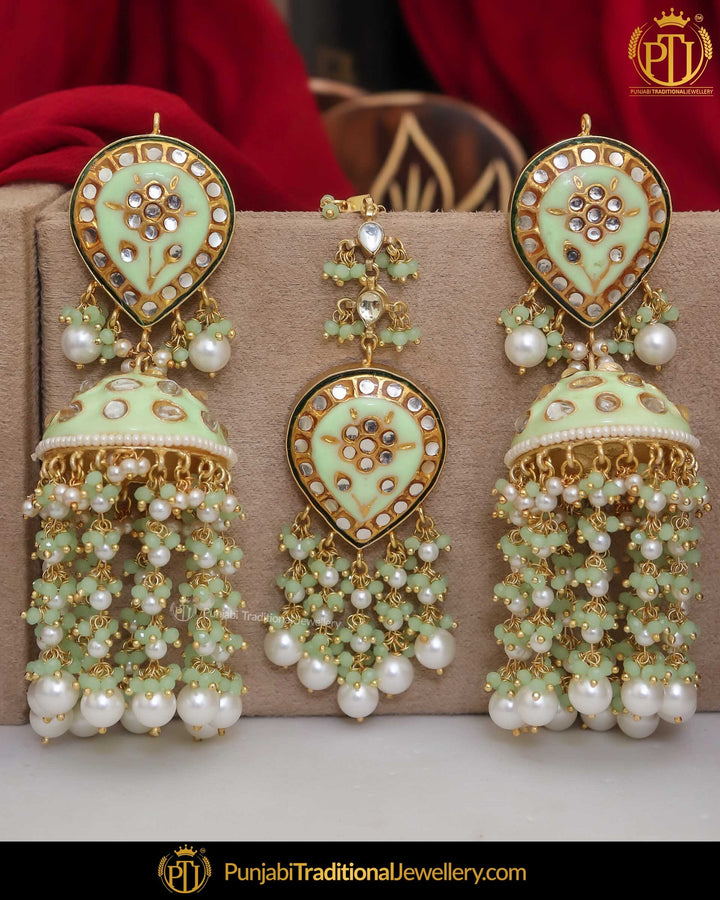 Hand Painted Meena Kundan Pearl Pista Green Sahare Earrings & Tikka | Punjabi Traditional Jewellery Exclusive