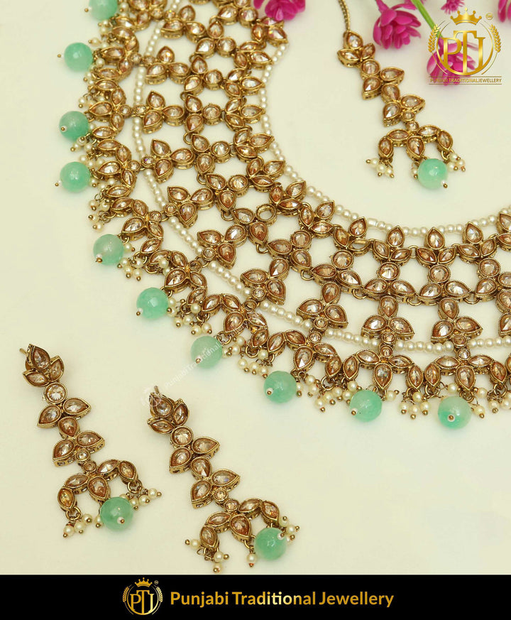 Antique Gold Finished Firozi Champagne Stone Necklace Set | Punjabi Traditional Jewellery Exclusive
