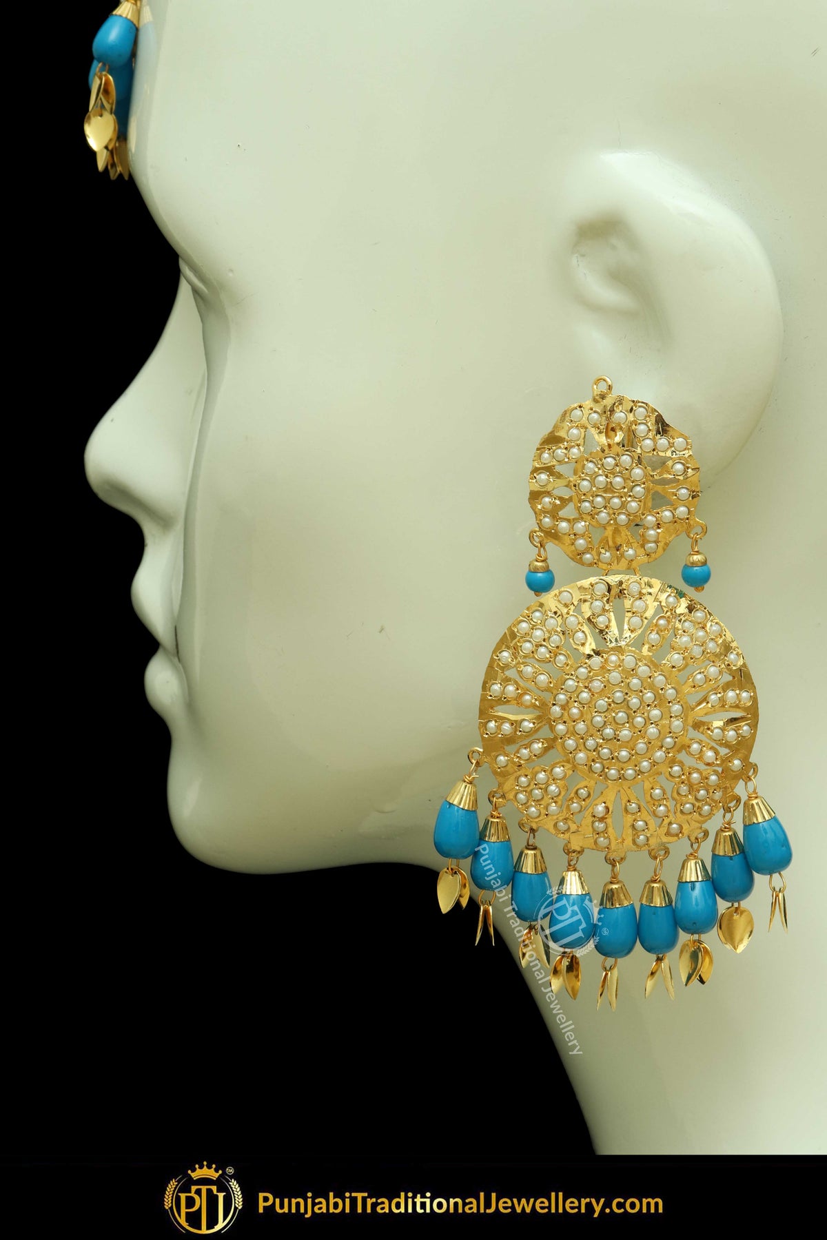 Gold Finished Firozi Jadau Pippal Patti Earring Tikka Set | Punjabi Traditional Jewellery Exclusive