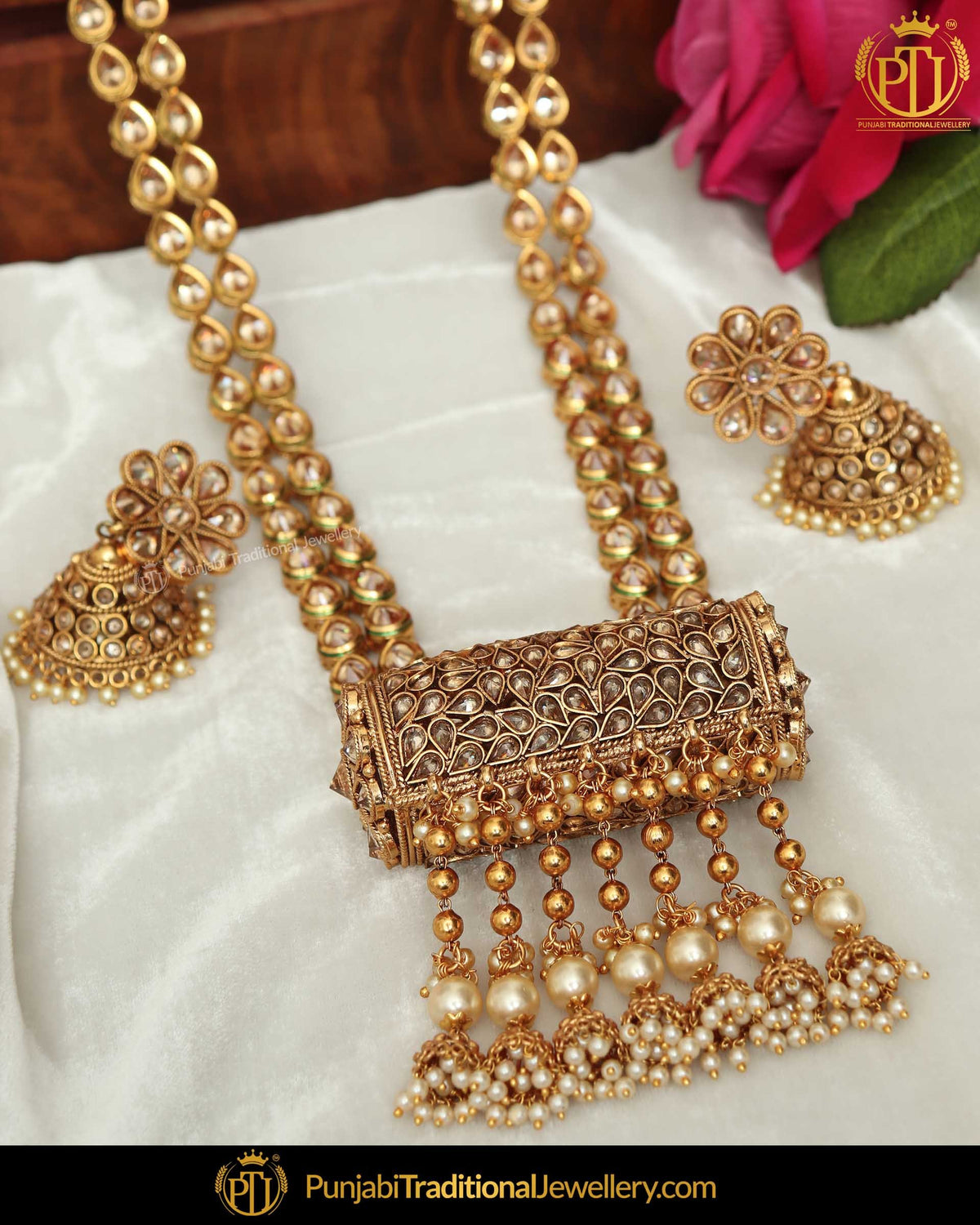 Antique Gold Finished Champagne Stone Pearl Long  Set  | Punjabi Traditional Jewellery Exclusive