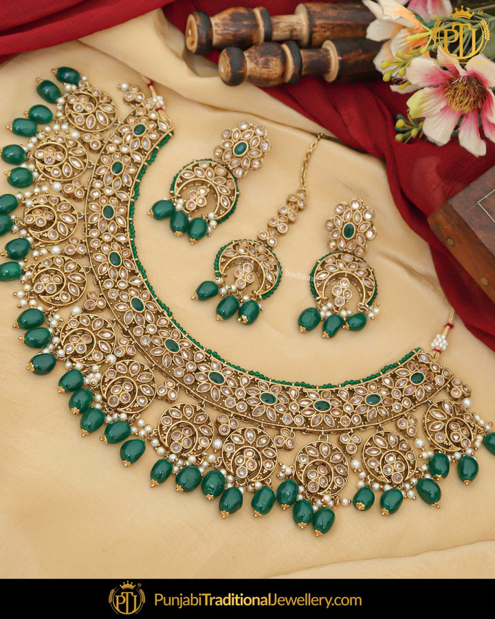 Gold Finished Champagne Stone Green Pearl Necklace Set | Punjabi Traditional Jewellery Exclusive