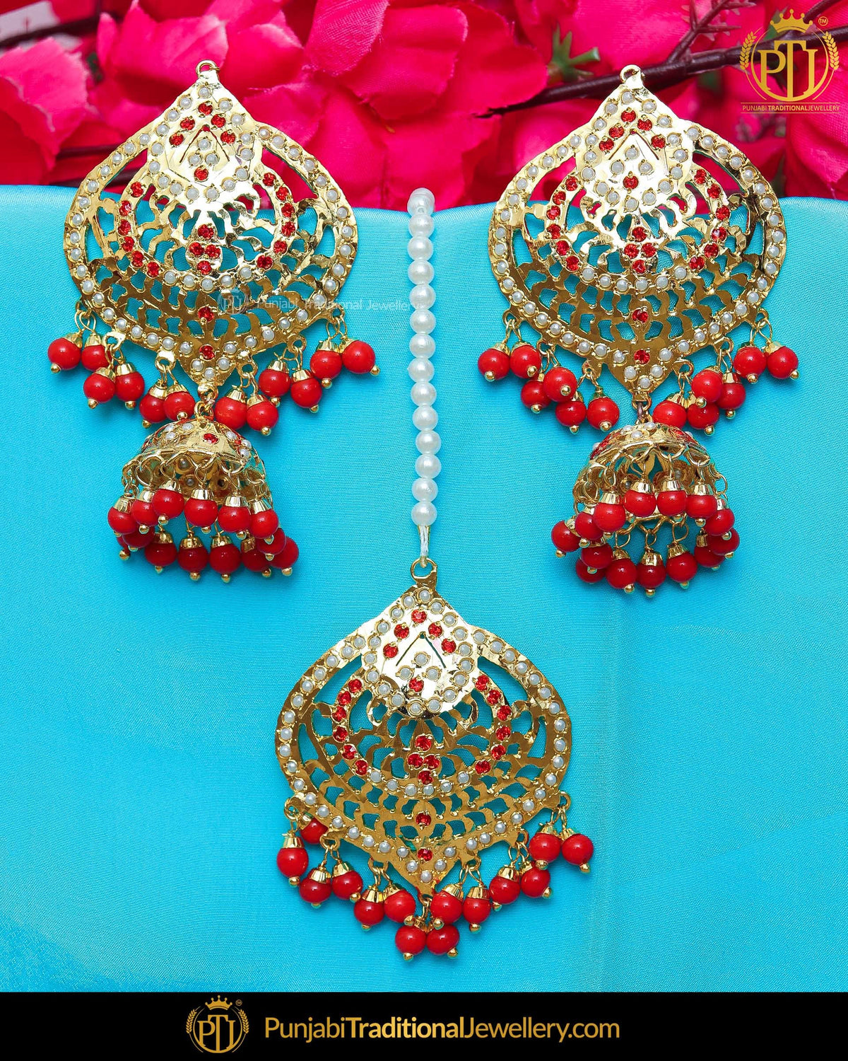 Gold Finished Orange Jadau Pearl Earring Tikka Set | Punjabi Traditional Jewellery Exclusive