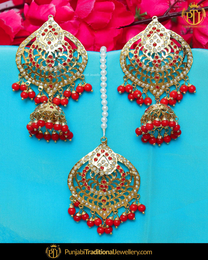 Gold Finished Orange Jadau Pearl Earring Tikka Set | Punjabi Traditional Jewellery Exclusive