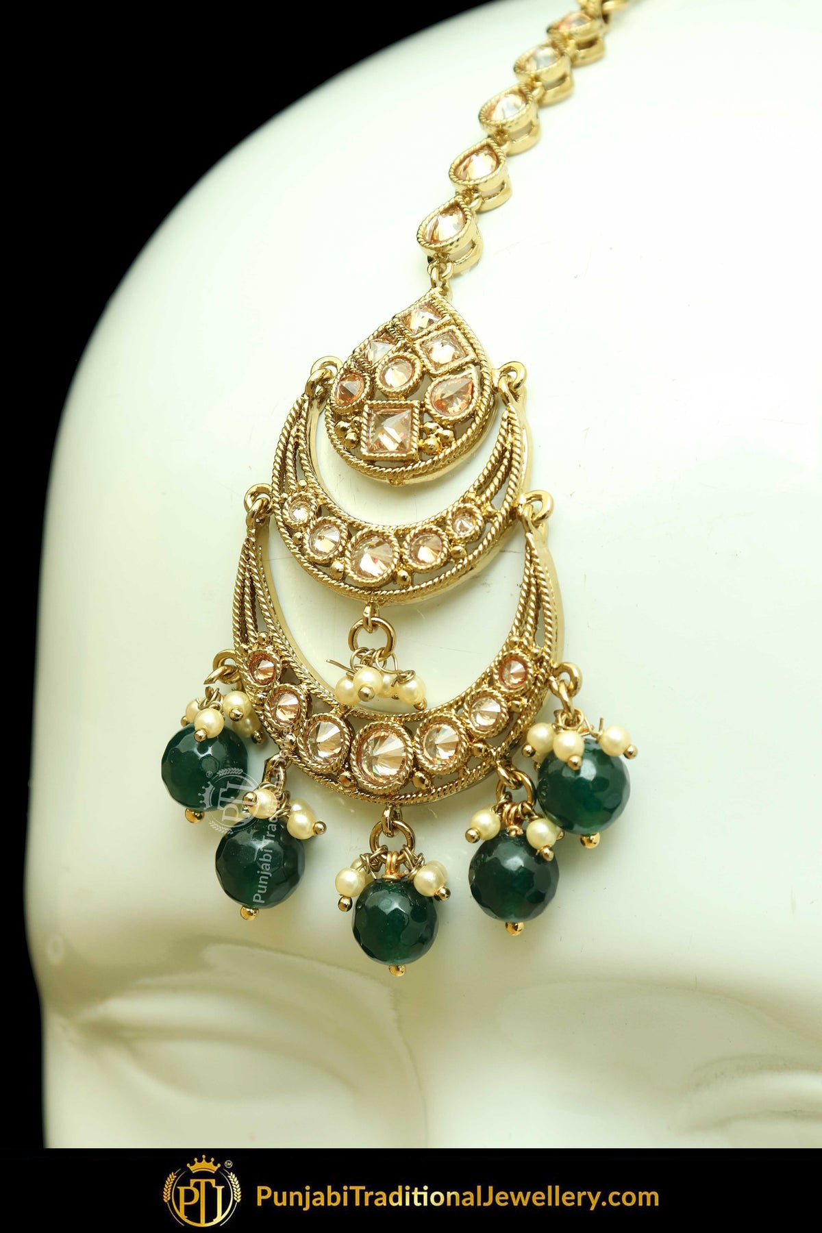Antique Gold Finised Champagne Stone Green Earring Tikka Set By Punjabi Traditional Jewellery