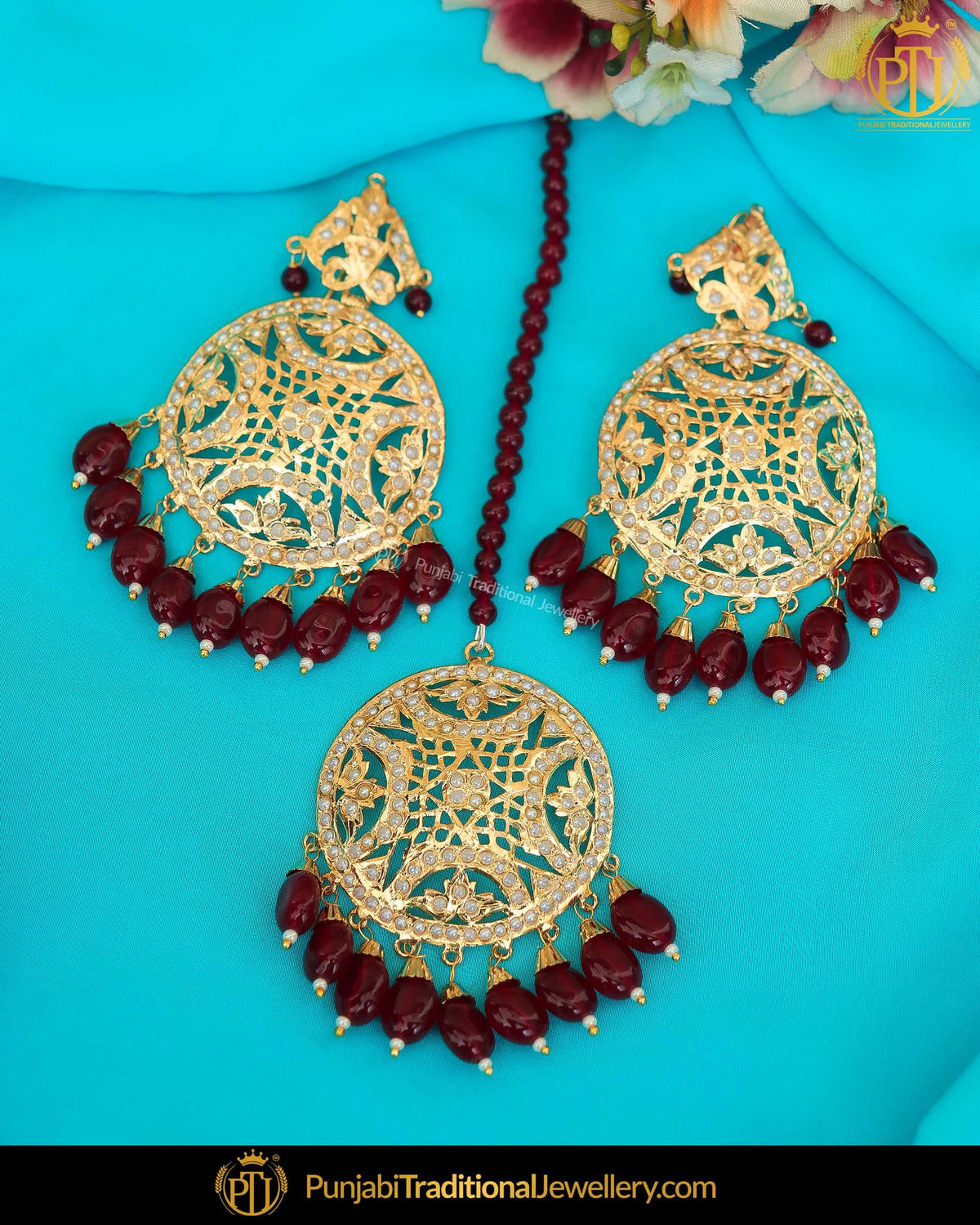 Gold Finished Rubby Jadau Earring Tikka Set | Punjabi Traditional Jewellery Exclusive