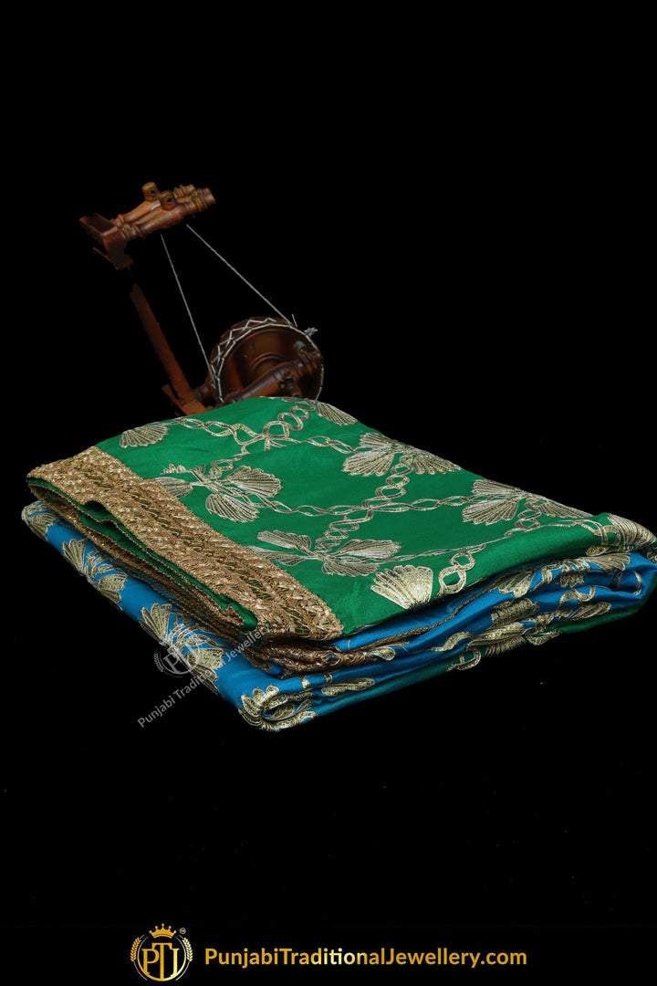 Firozi & Green Color Pure Phulkari Dupatta By Punjabi Traditional Jewellery