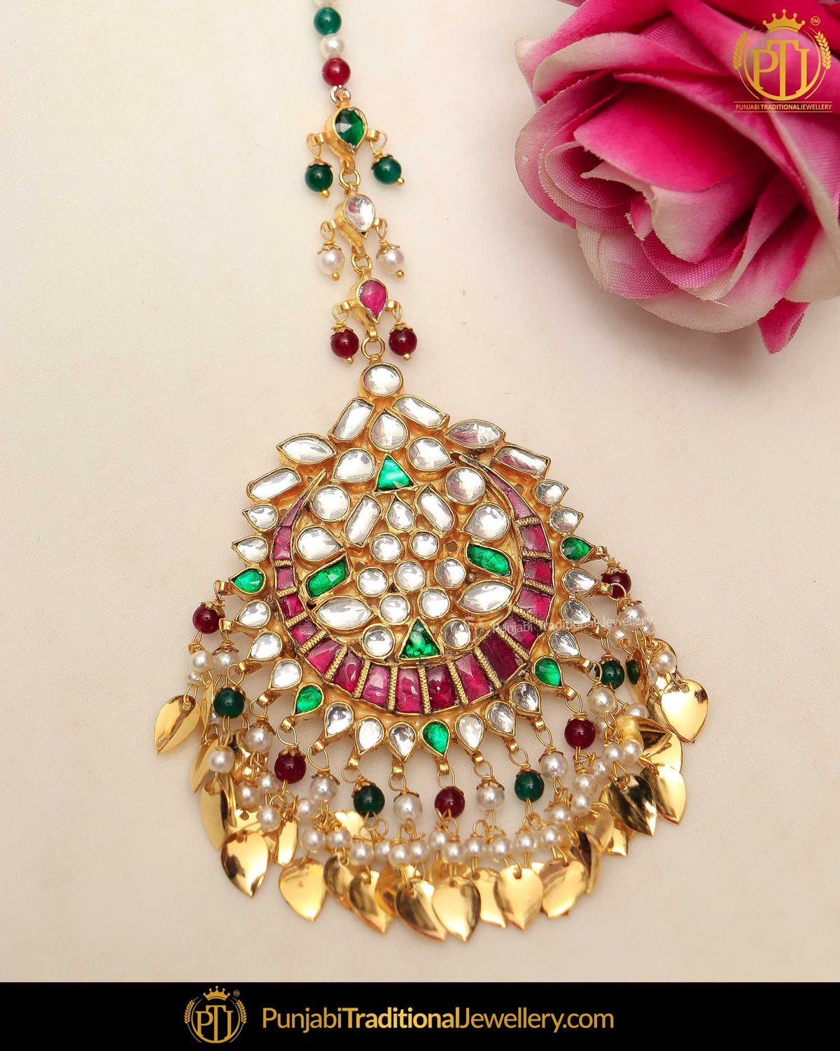 Gold Finished Pippal Patti Rubby Emerald Kundan Pearl Tikka | Punjabi Traditional Jewellery Exclusive