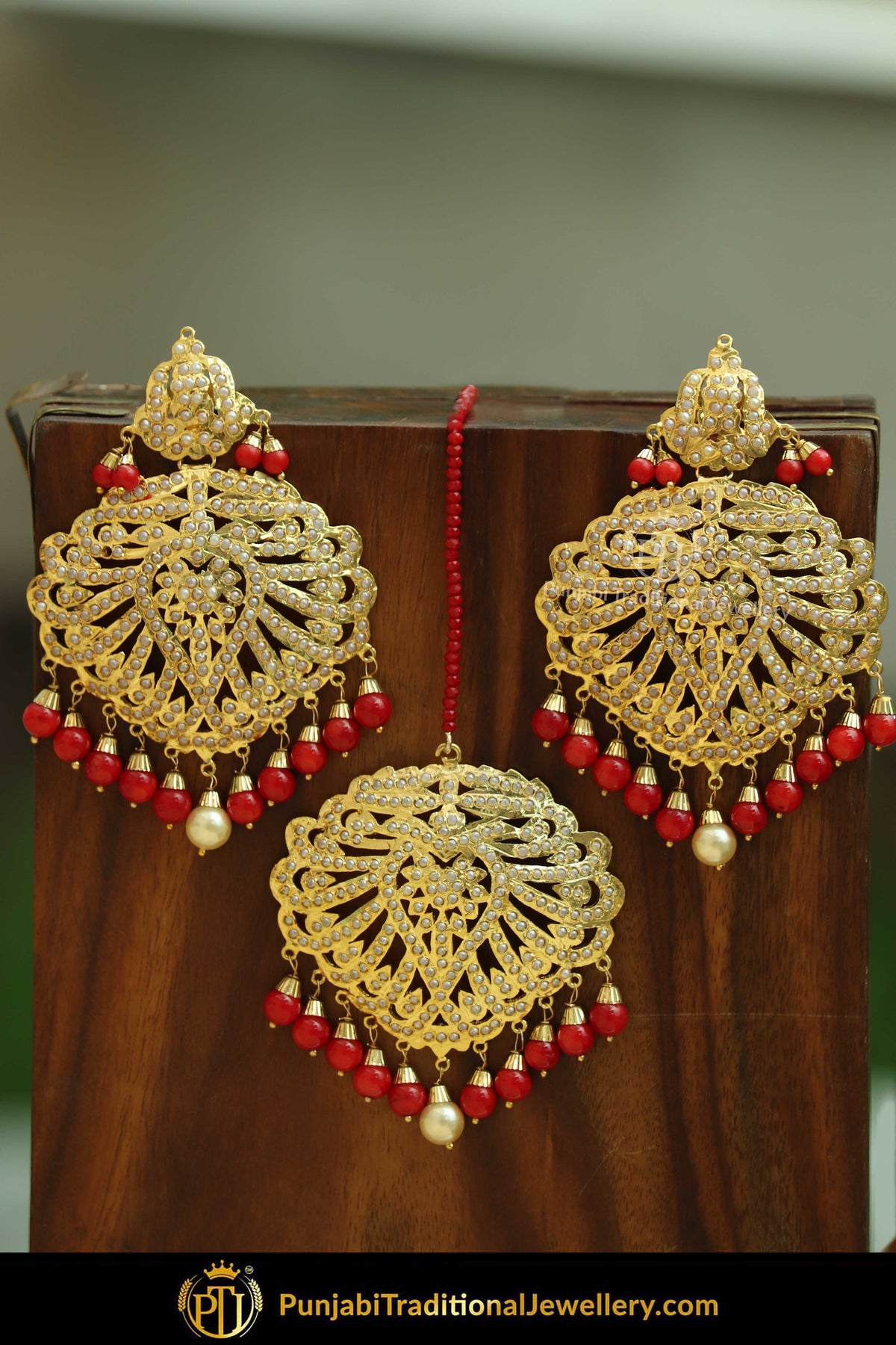Gold Finished Red Jadau Pearl Earring Tikka Set | Punjabi Traditional Jewellery Exclusive