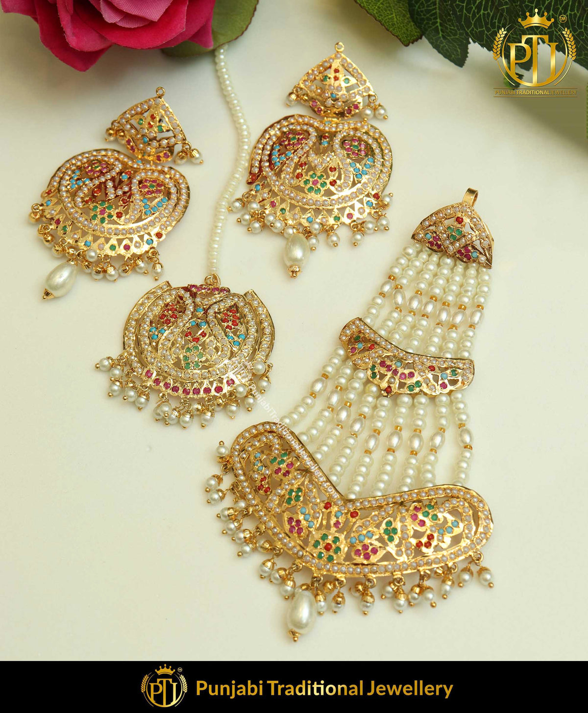 Gold Finished Jadau Navratan Earring Tikka Set With Passa | Punjabi Traditional Jewellery Exclusive