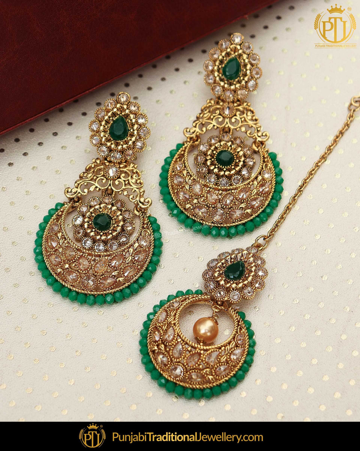 Gold Finished Chamapgne Stone Pearl Emelrad Earring Tikka Set | Punjabi Traditional Jewellery Exclusive
