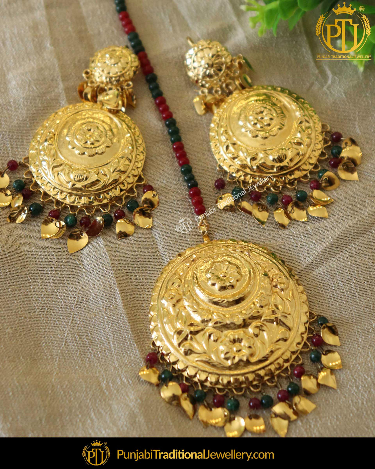 Rubby Panna Pippal Patti Pearl Patra Earrings & Tikka Set | Punjabi Traditional Jewellery Exclusive