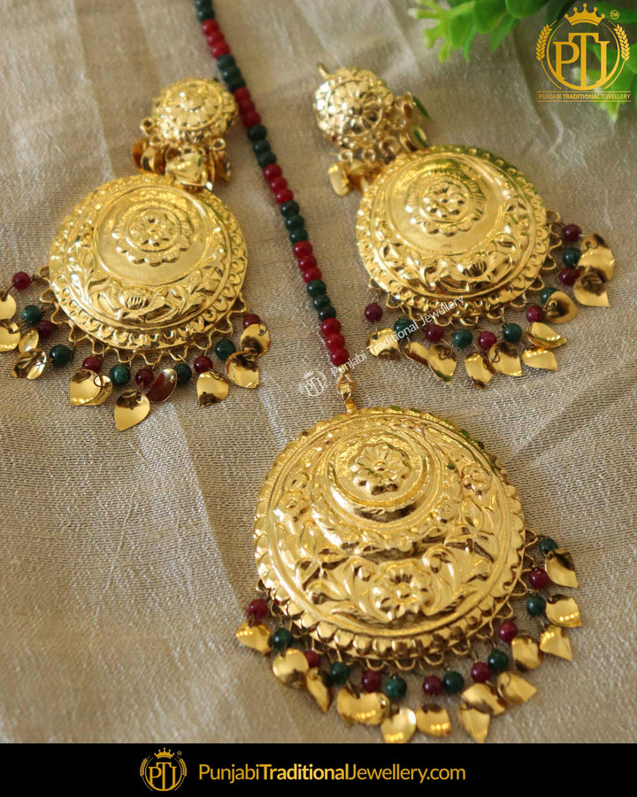 Rubby Panna Pippal Patti Pearl Patra Earrings & Tikka Set | Punjabi Traditional Jewellery Exclusive