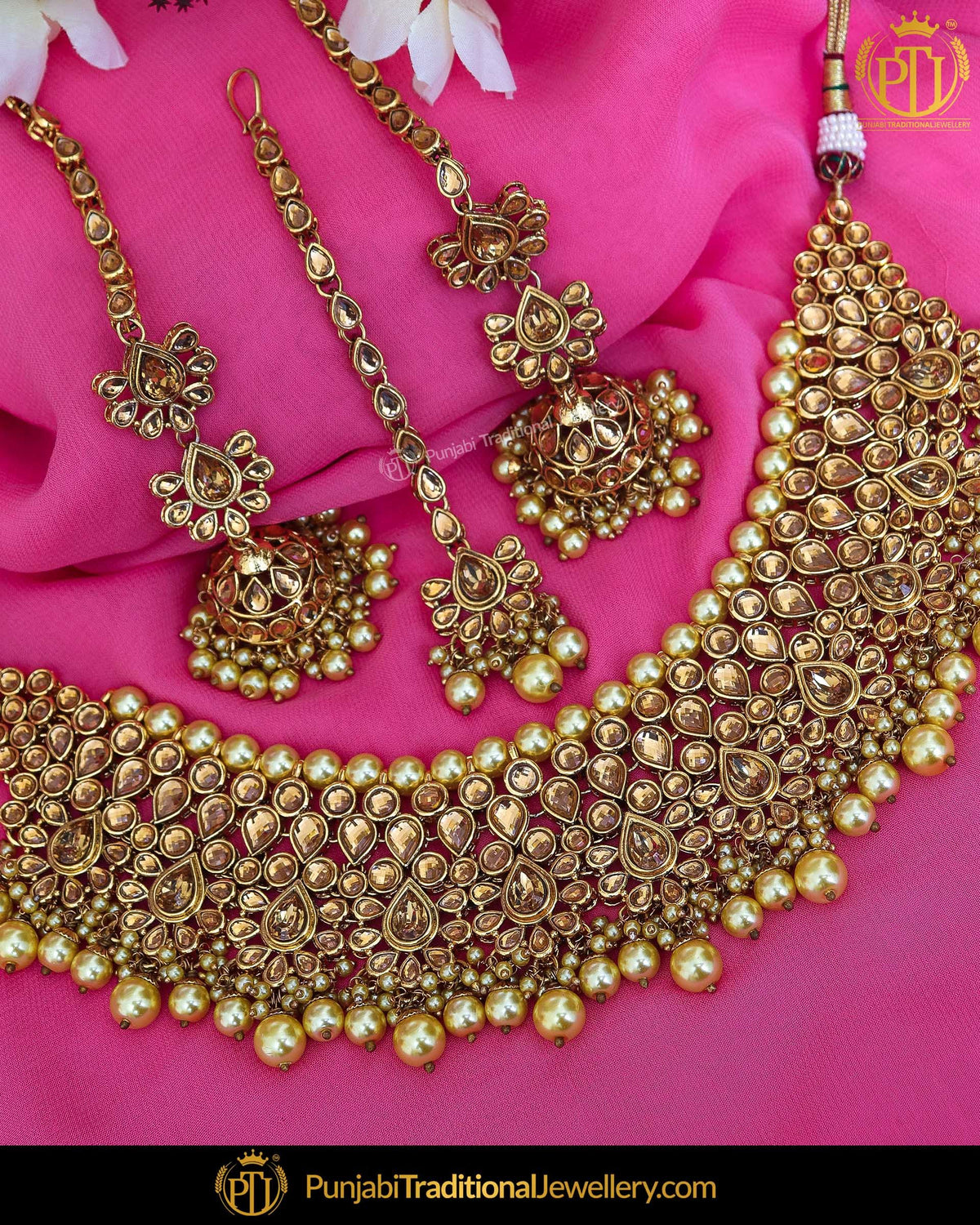 Gold Finished Kundan Pearl Choker Necklace & Sahare Earrings | Punjabi Traditional Jewellery Exclusive
