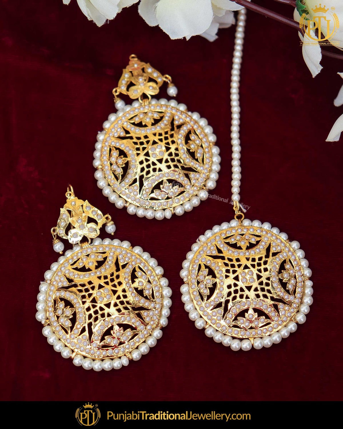 Gold Finished Jadau Stud Pearl Earring Tikka Set | Punjabi Traditional Jewellery Exclusive
