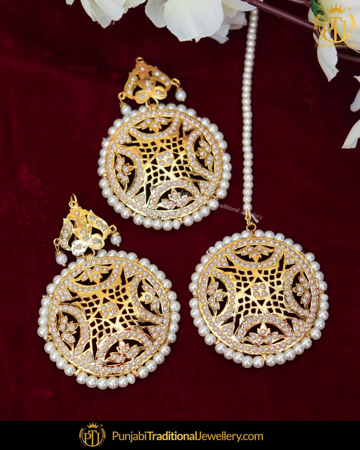 Gold Finished Jadau Stud Pearl Earring Tikka Set | Punjabi Traditional Jewellery Exclusive
