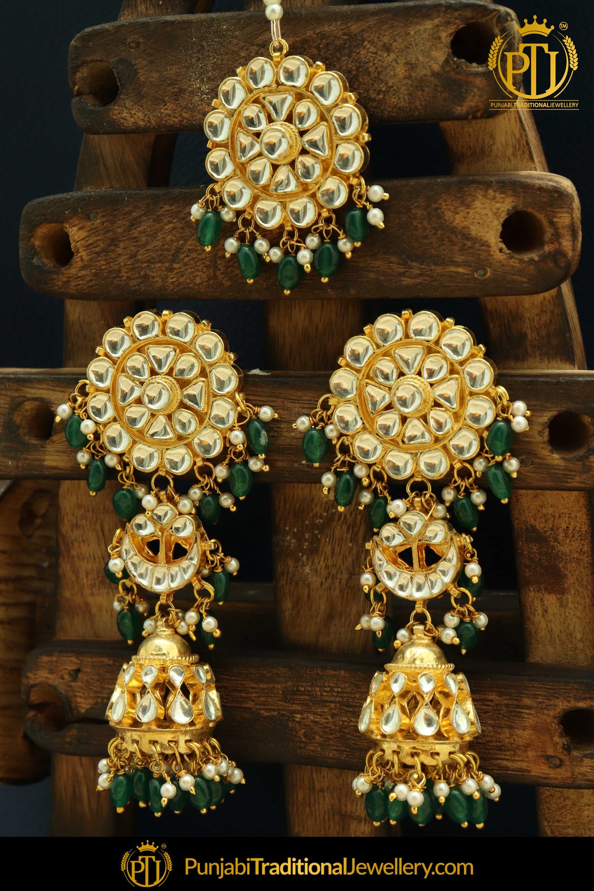 Emerald Kundan Earring Tikka Set | Punjabi Traditional Jewellery