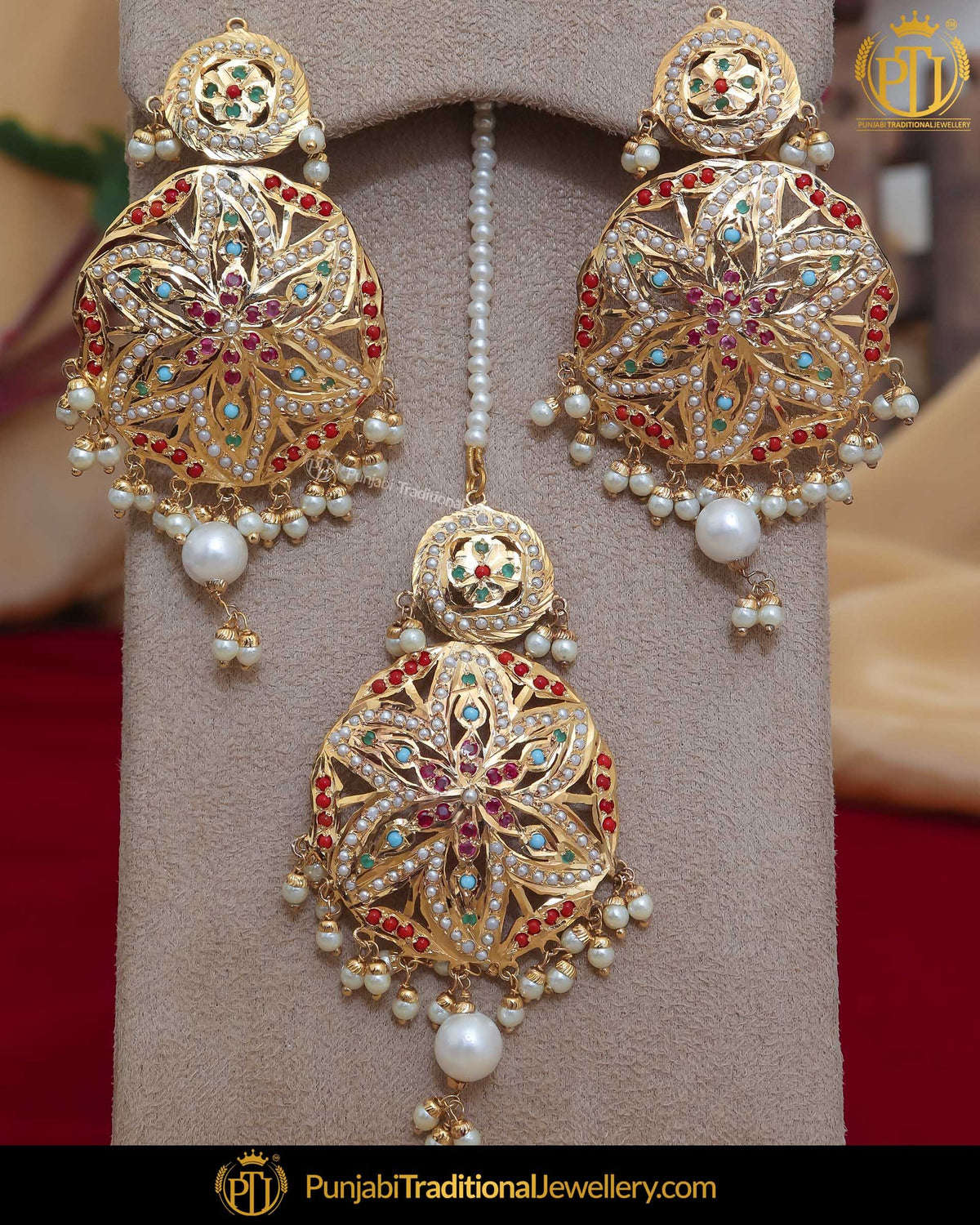 Gold Finished Jadau Multi Earring Tikka Set | Punjabi Traditional Jewellery Exclusive