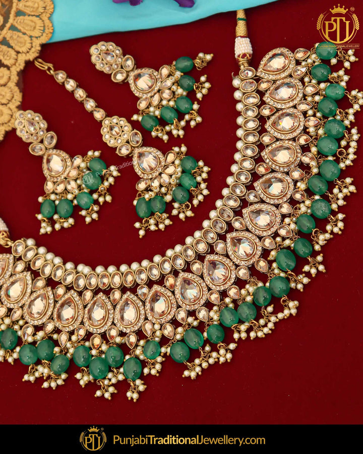 Gold Finished Champagne Stone Green Pearl Necklace Set | Punjabi Traditional Jewellery Exclusive