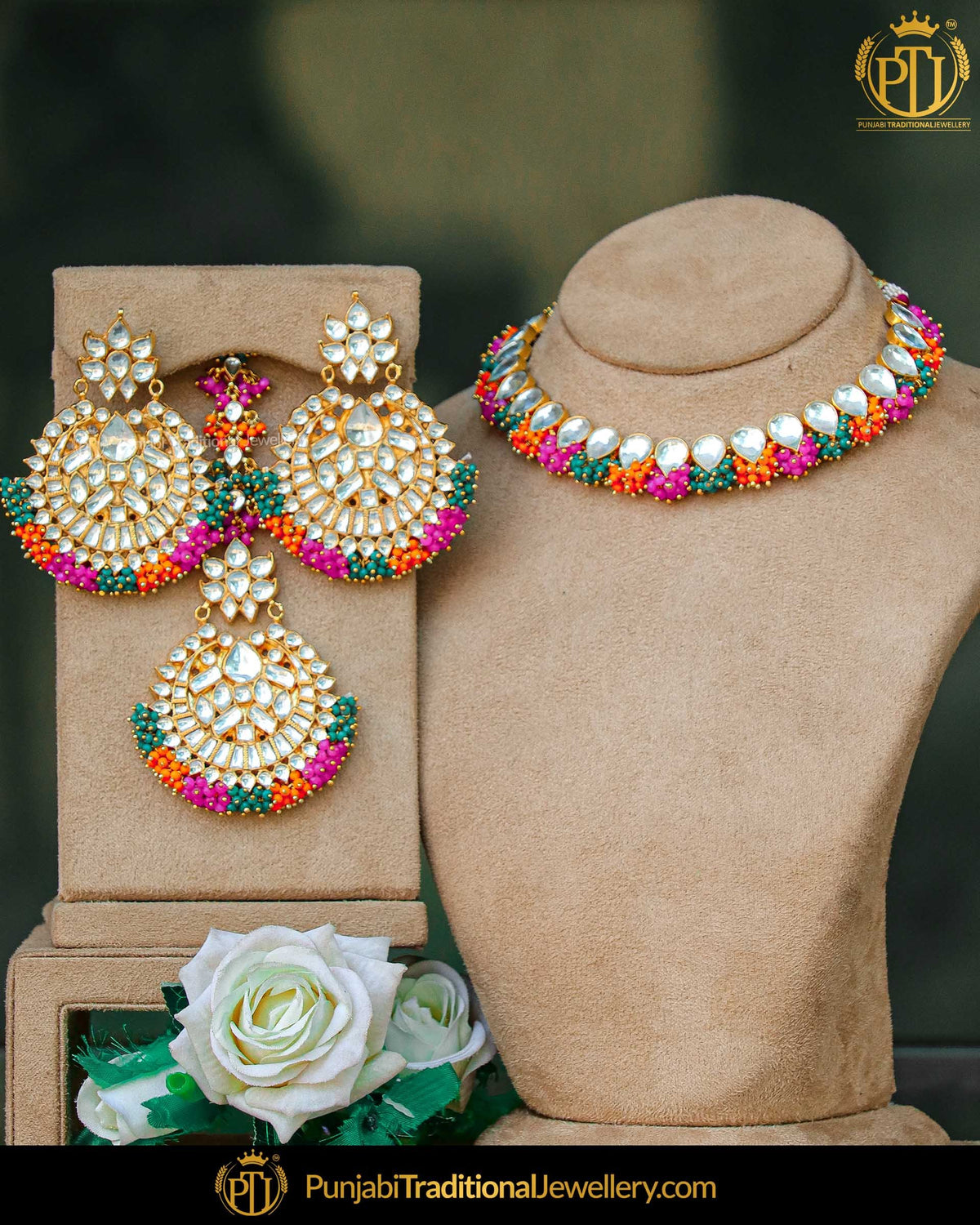 Gold Finished Orange, Green & Pink Pearl Kundan Necklace Set | Punjabi Traditional Jewellery Exclusive