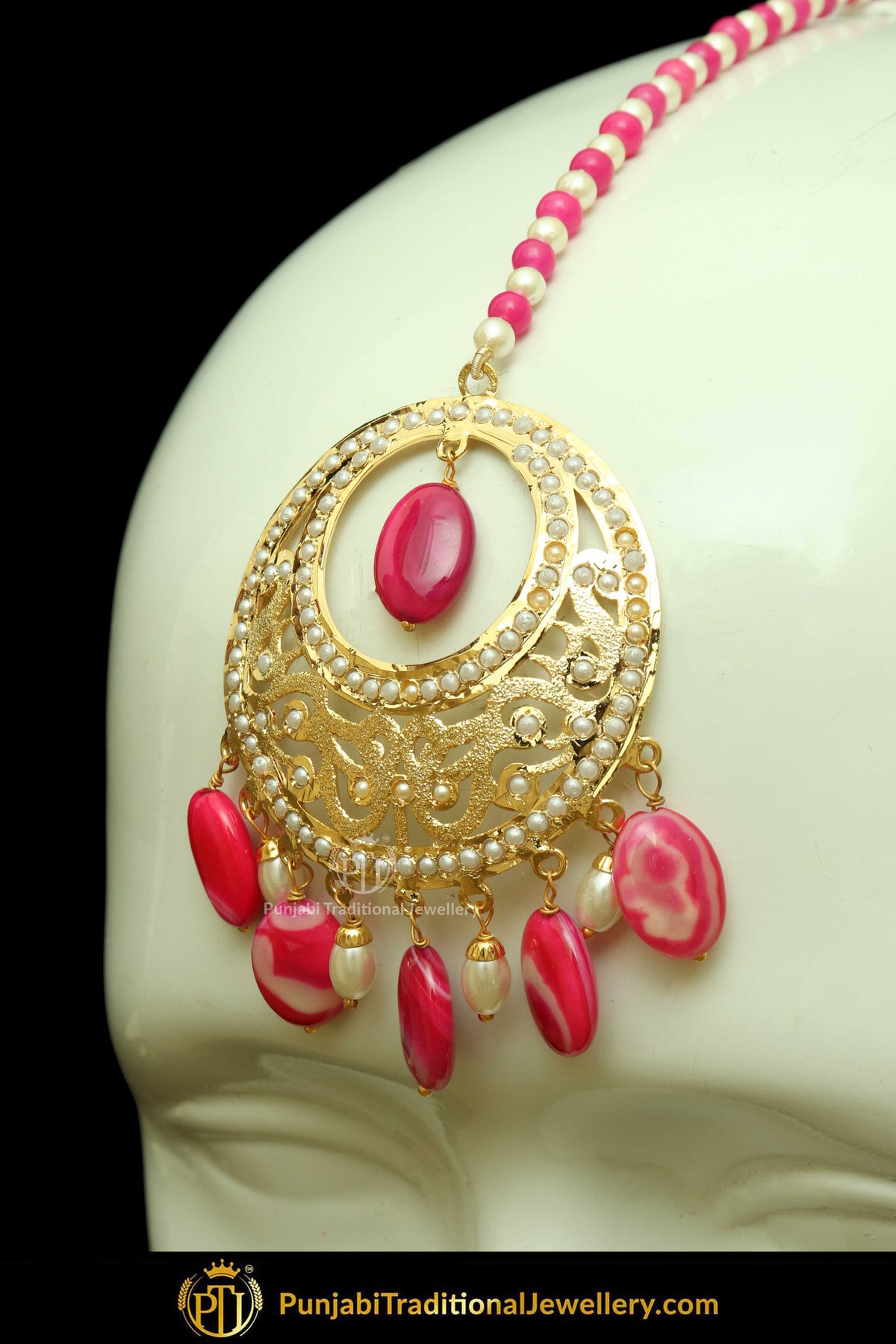 Gold Finished Pink Jadau Pearl Earring Tikka Set | Punjabi Traditional Jewellery Exclusive