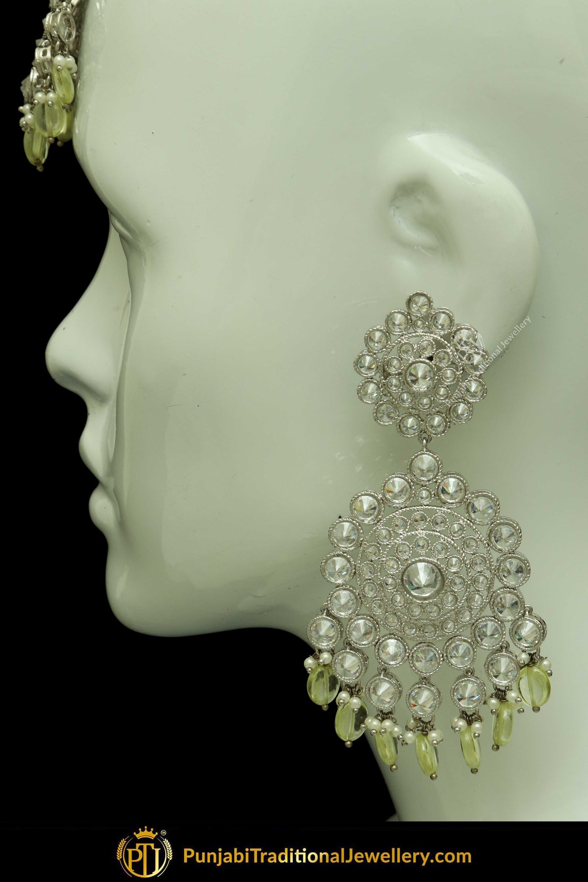 Silver Finished Polki Stone Pista Green Drops Earrings & Tikka Set By Punjabi Traditional Jewellery