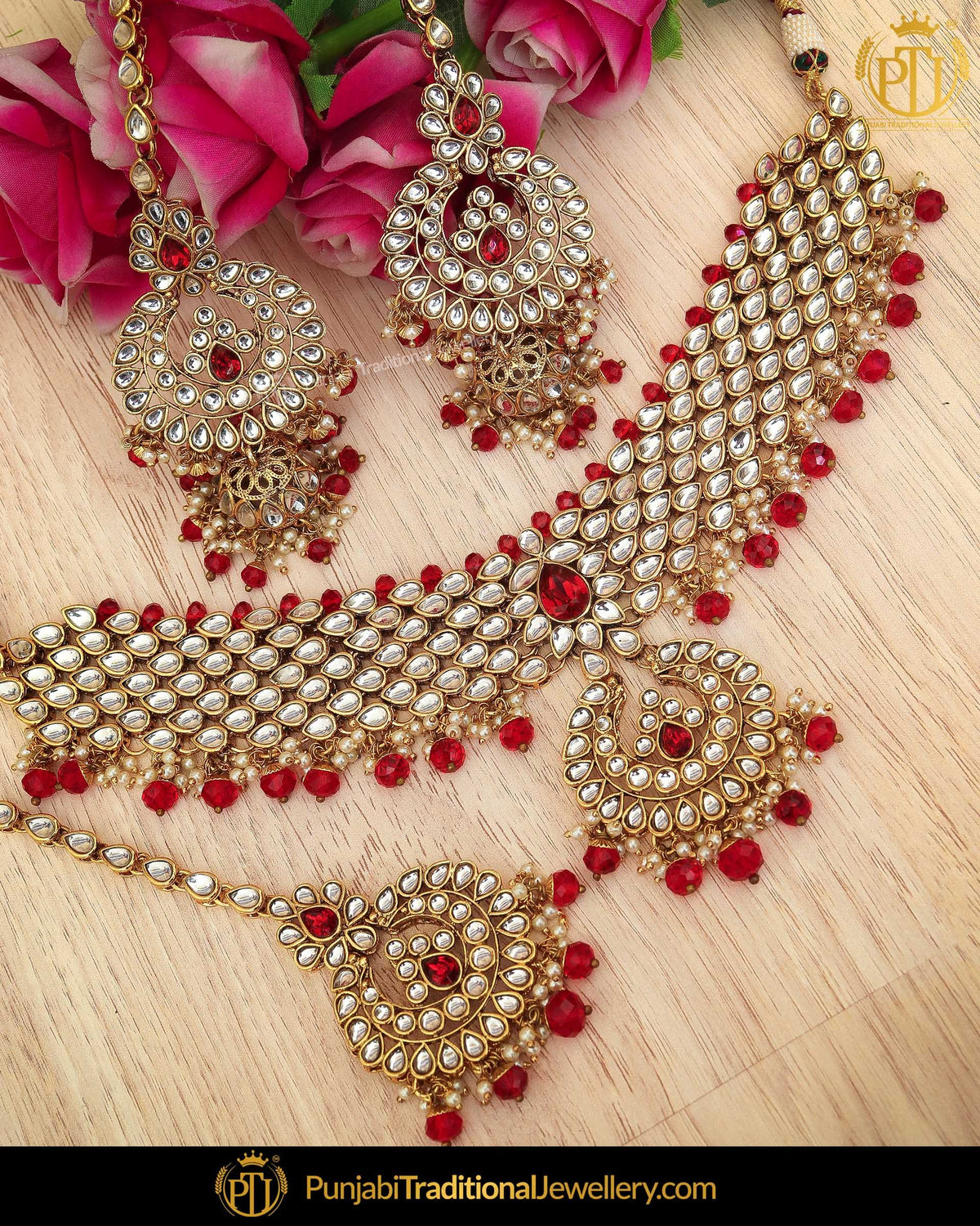 Gold Finished Rubby Kundan Pearl Necklace Set | Punjabi Traditional Jewellery Exclusive