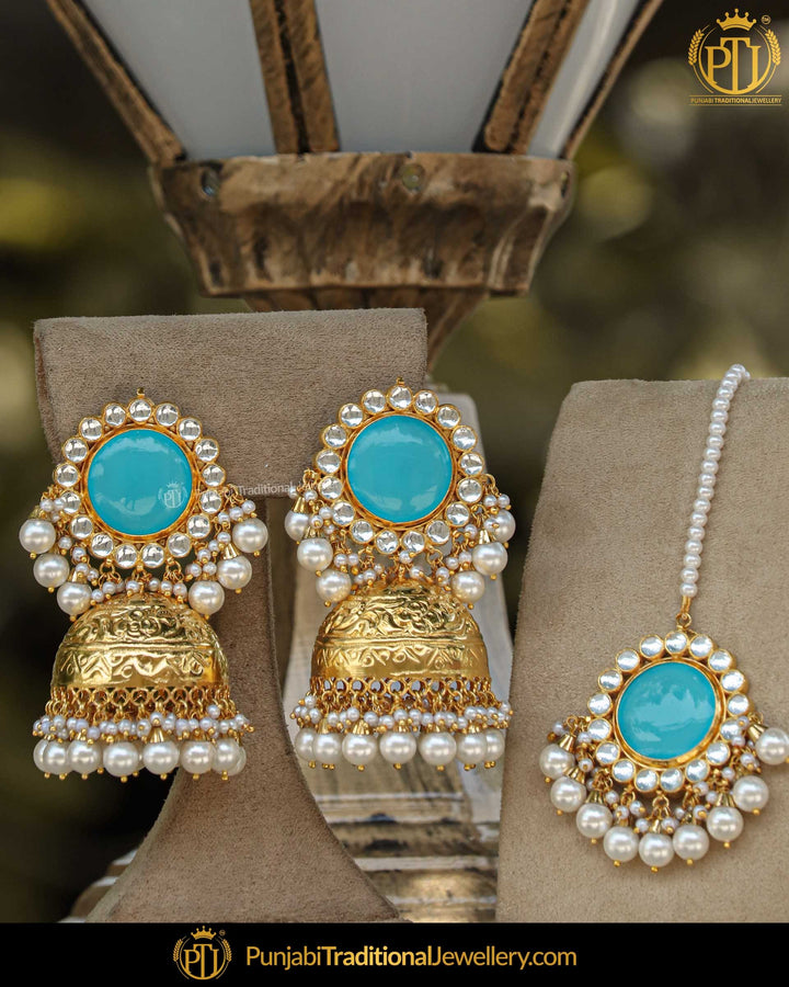 Gold Finished Kundan Pearl Jhumki Firozi Earrings & Tikka  | Punjabi Traditional Jewellery Exclusive