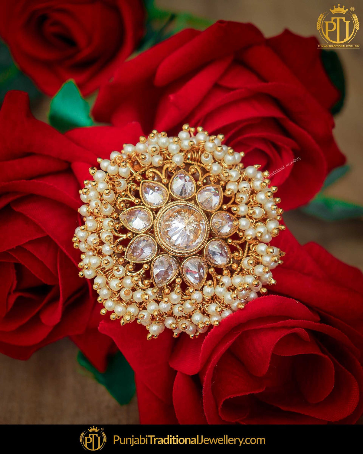 Gold Finished Pearl Champagne Stone Ring | Punjabi Traditional Jewellery Exclusive