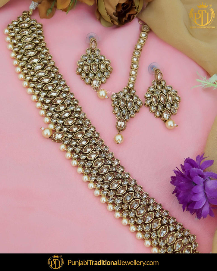 Gold Finished Champagne Stone Choker Necklace Set | Punjabi Traditional Jewellery Exclusive