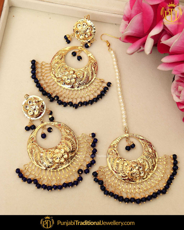 Gold Finished Black Patra Pearl Earring Tikka Set  | Punjabi Traditional Jewellery Exclusive